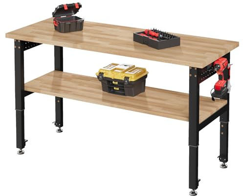 LUXOAK höhenverstellbare 2-Ebenen 122x51x73-98cm Werkbank Mit 4 AC-Steckdosen und 2 USB-Anschlüssen, Massive Gummiholz-Arbeitsplatte, Geeignet für Garage, Werkstatt und Büro