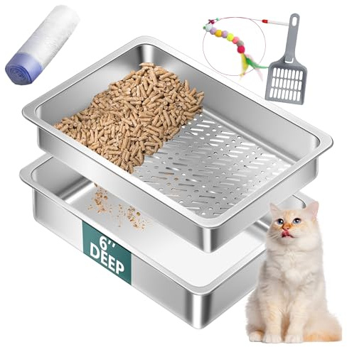 Stainless Steel Sifting Cat Litter Box for Pine Pellets, XL Extra Large Metal Cat Litter Box Sifter Pan with Litter Scoop, Low Dust, Odor Control, Easy Cleaning