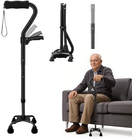Gehstock Klappbar mit 4-Zinken-Basis & Doppelgriff - Verstellbare & Leichte Gehhilfe für Damen/Herren - Standfester Quad-Stock für Senioren & Erwachsene - Ergonomischer Weicher Griff