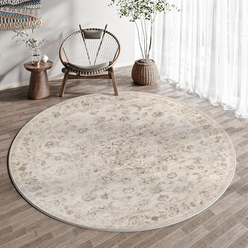 HUGEAR Vintage Teppich Rund 240cm Beige Waschbar | Waschbarer Runder Teppich,Rutschfester Kurzflor,für Wohnzimmer,Schlafzimmer,Esszimmer Büro,Carpet, Bedroom, Teppiche