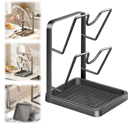 Topfdeckel Organizer Küchenregal, Topfdeckelhalter Löffelablage, 2-in-1 | Design für Zwei Topfdeckel Deckelhalter Küchenutensilien, Aufbewahrungsregal für 16-34cm Küchen-Topfdeckel, Backblech, Küche