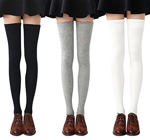 3 paia Calze da Donna sopra il Ginocchio, Colore Nero, Bianco , Grigio