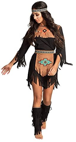 Boland - Kostüm für Erwachsene Indianerin, Braun und Schwarz mit bunten Mustern, Kostümset bestehend aus: Stirnband, Kleid, Gürtel, Stulpen, ideal für Karneval oder Mottoparty
