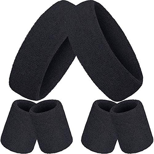6 Stück Gestreifte Schweißbänder Set, Enthält 2 Stück Sport Stirnband und 4 Stück Armbänder Schweißbänder Bunte Baumwolle Gestreiften Schweißband Set für Männer und Damen (Schwarz)