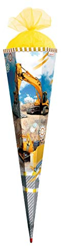 ROTH Schultüte groß Bagger 85 cm - 6-eckig Rot(h)-Spitze Tüllverschluss - Zuckertüte Schulanfang Baustelle