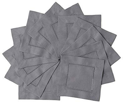 Solino Home Graue Cocktail-Servietten, 15,2 x 15,2 cm, Baumwoll-Leinen, Set mit 12 Hohlsaum-Stoffservietten