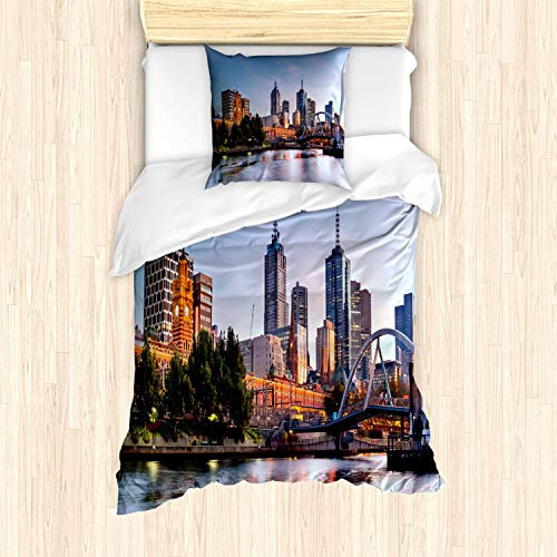 ABAKUHAUS Stadt Bettbezug Set für Einzelbetten, Morgen Australien Fluss, Milbensicher Allergiker geeignet mit Kissenbezug, Orange Grün Hellblau