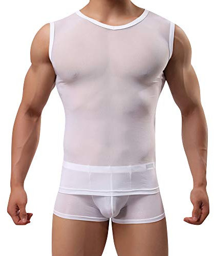 sandbank Men's Sexy Underwear T-Shirt Long Sleeve Mesh Sheer Top Undershirt Nightwear (XL, White # 2)
