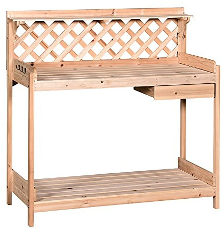 Outsunny Wooden Garden Potting Table with Drawer Flower Plant Work Bench Workstation Tool Storage Shelves Outdoor Grid