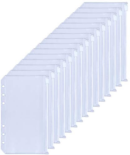 HAUTOCO 15 Stück A6 Binder Taschen, PVC 6-Loch Bindetaschen Wasserdicht Dokumententasche Transparent Umschläge mit Reißverschluss für A6 Ordner, Ringbuch, Budget Planner Zubehör, Umschlagmethod