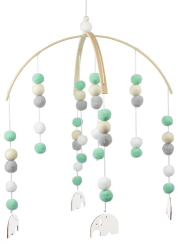 Uposao Mobile baby, Holz Babybett Mobile Windspiel Rassel Spielzeug mit Filzbällen Neugeborenen Kinderzimmer Hängende Bettglocke Mobile Windspiel Pom Pom Mobile für Kinderbett,Elefant,Grün
