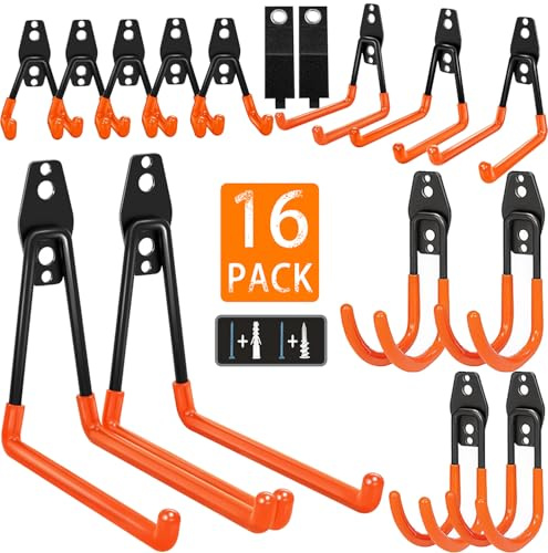 KOFANI Heavy Duty Steel Hooks, 16 Pack with Anti-Slip Coating - Utility Wall Mount Garage Storage for Hanging Bike, Ladder and Garden Tools