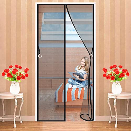 Moustiquaire Magnétique pour Portes 165x255 cm Puissants Aimants, Fermeture Automatique, de Porte Rideau Couloirs Patio Sans Perçage, Kit d'installation Complet, Noir
