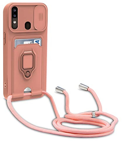 yanasuo Schiebe Kameraschutz Silikon Handykette Hülle kompatibel mit Samsung Galaxy A30 / A20, Metall Ring Halter Handy Cover,Verstellbarer Halskette Handyhülle-Pink