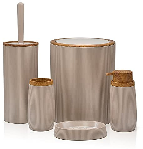Set Bagno Accessori Completo - 5 Pezzi, in plastica Liscia con Dettagli Effetto Legno Serie Blob, Include Dispenser Sapone, portasaponetta, portaspazzolino, portascopino e pattumiera