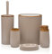 Set Bagno Accessori Completo - 5 Pezzi, in plastica Liscia con Dettagli Effetto Legno Serie Blob, Include Dispenser Sapone, portasaponetta, portaspazzolino, portascopino e pattumiera