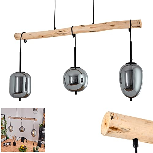 HOFSTEIN Pendelleuchte Verbania 3-flammige Hängelampe aus Metall/Holz/Glas in Schwarz/Natur/Rauchfarben, Vintage/Retro Design, Hängeleuchte Esszimmer u. Wohnzimmer mit Treibholz und Rauchfarbenem Glas
