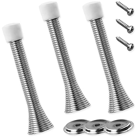 3 Pcs Silver Spring Door Stop Set,Thickened Iron Metal Door Stops with Base Plate,Long Door Springs Screw with Anti-Slip Rubber for Walls and Doors