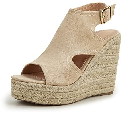 HIONRE Sandali con Zeppa Comode Cuoio Platform Sandalo,Scarpe da Donna con Fibbia in Corda di Canapa, Sandali con Tacco Alto e Plateau, Beige, 38,Signora Sandali con Plateau