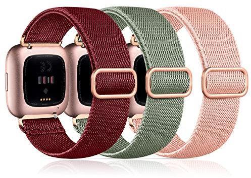 Dirrelo 3 Pack Nylon Elastic Ersatzarmband Kompatibel mit Fitbit Versa 2 Armband/Fitbit Versa Armband für Damen Herren, Stoff Sport Armbänder für Fitbit Versa 2/Versa/Versa Lite/SE, Weinrot+Grün+Rosa