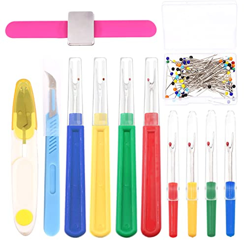 Swpeet 115Pcs Sewing Tools Kit, 8Pcs 8 Colors Seam Ripper, Magnetic Wrist Sewing Pincushion, Seam Cutter and U Shape Thread Snips Scissor with Quilting Sewing Pins for Sewing Marking