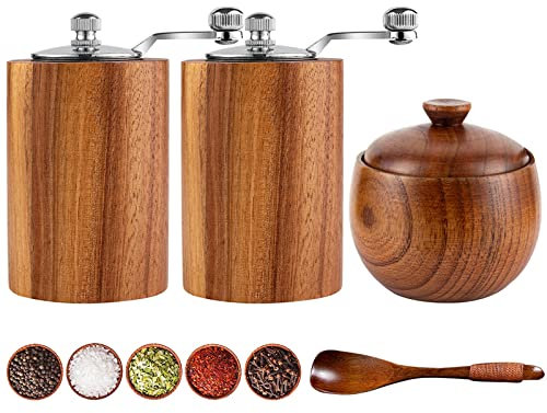 RCYF Manual Pepper Grinder, Refillable Salt and Pepper Mill with Adjustable Coarseness,Wood Manual Pepper Mill with Handle, Spice Grinder Metal with Hand Crank, Send seasoning tank, Two Grinder Set