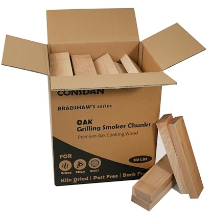 CONSDAN Wood Chips for Smoker, USA Grown Oak Pizza Oven Wood, BBQ Cooking Natural Wood Chunks, Kiln Dried Firewood, Smoking Wood Chips, All Natural Barbecue Smoker Blocks for Smoking Meat (30 lbs)