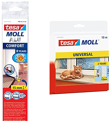 tesamoll Alu COMFORT Türdichtschiene für unebene Böden - Türdichtung zum Schutz vor Zugluft - mit Bürstendichtung bis 15 mm - Weiß & moll Universal Schaumstoff - Weiß - 10 m x 9 mm x 5,5 mm
