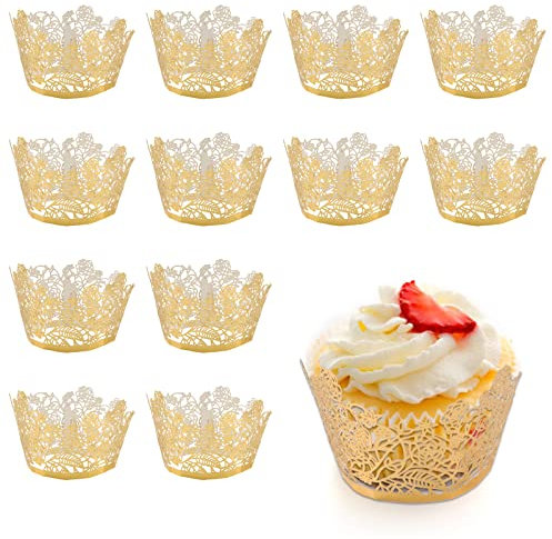 URROMA Gold Rose Lace Cupcake Wrappers, Vine Lace Cupcake Liners Laser Cut Cupcake Liners for Weddings Birthdays Tea Parties