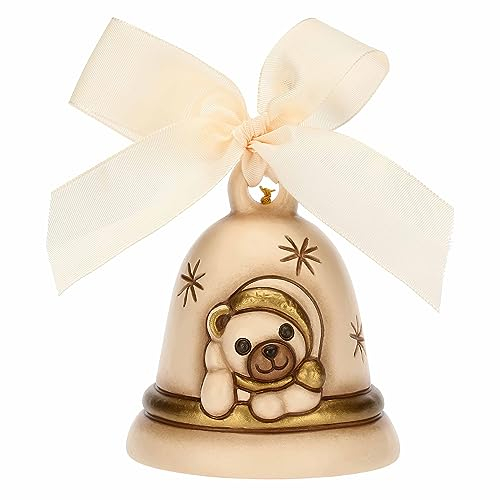 THUN - Campanella Limited Edition 2023 Crema con Teddy in Ceramica Decorata a Mano, Decorazioni Natale Casa, 7.3x7.3x8.5 cm h