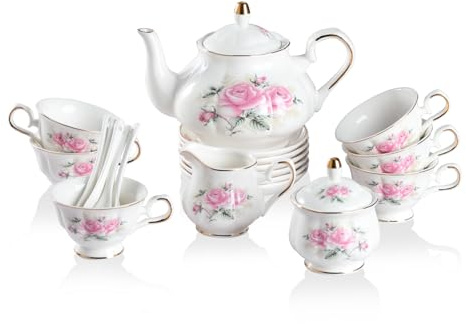 Sweejar Home 21 Pieces Porcelain Tea Sets, Tea Cups and Saucers Coffee Set of 6, Vintage Floral Gift Tea Service for Adults, Creamer Pitcher and Spoons, Suitable for Afternoon Tea Party(PinkFlower)