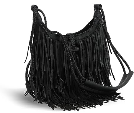 Emprier Vintage Fransen Hobo Taschen für Frauen Vegan Faux Wildleder Leder Quaste Crossbody Tasche Fransen Geldbörse, Schwarz