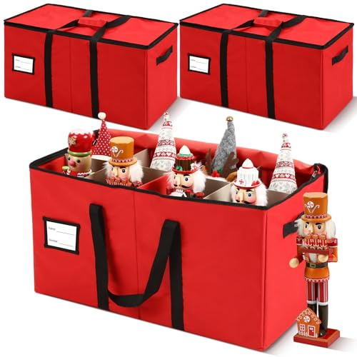 Soaoo 3 Pcs Christmas Nutcracker Storage Box 600d Canvas Christmas Figurine Collectible Storage Box Keeps 24 Holiday Figurines with Lids Handles for Santa Figure or Nutcracker Ornaments(Red)