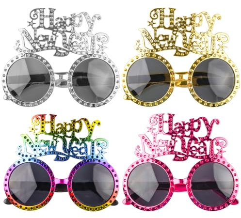 O-Kinee 4 Stück 2025 Frohes Neues Jahr Brillen,Happy New Year Brillen,Lustige Silvester Brillen,Silvester brille für Neujahrsparty,Silvester accessoires Foto Requisiten Partybrille