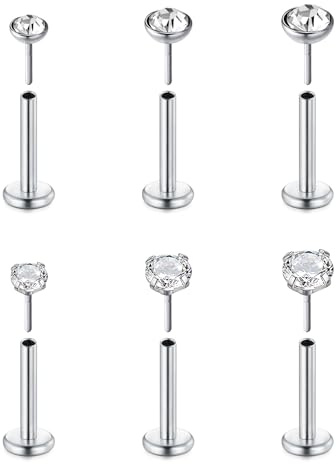 FECTAS 6pcs Threadless Push-in Cartilage Tragus Helix Piercing Jewellery Flat Back Stud Earrings Stainless Steel 16G 6mm 8mm 10mm Lip Bars Labret Stud Lip Ear Medusa Piercing 2mm 3mm 4mm CZ