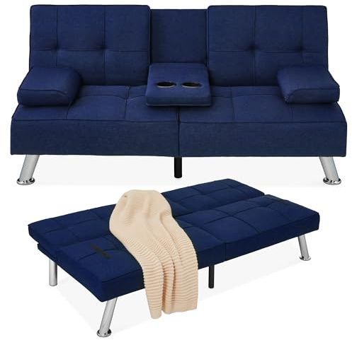 Best Choice Products Linen Modern Folding Futon, Reclining Sofa Bed for Apartment, Dorm w/Removable Armrests, 2 Cupholders - Dark Blue