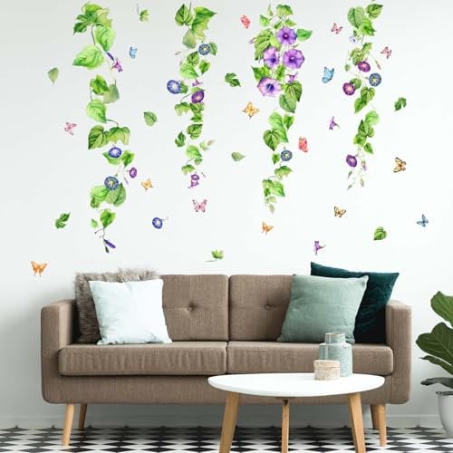 Amimagen Morning Glory Hanging Vines Flowers Wall Stickers - Green Plants Leaves Floral Wall Decals - Bedroom Living Room Sofa TV Background Home Wall Decor
