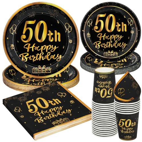Set di 96 Piatti di Carta per Feste di Compleanno 50° - Colore Nero e Oro - Decorazione da Tavolo per 24 Ospiti - per Bambini e Adulti