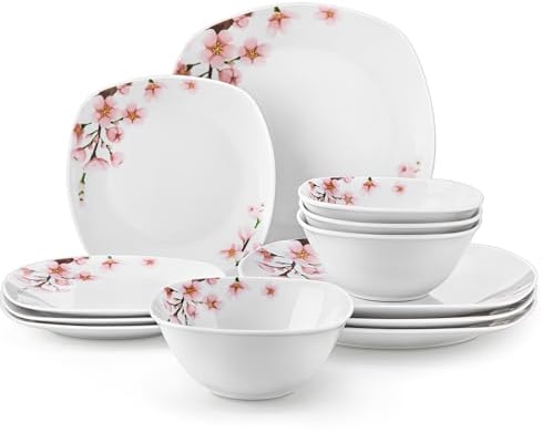 VEWEET Teller und Schüssel-Set für 4 Personen, Porzellan-Geschirr-Sets mit rosa Blumen, 12-teiliges Geschirr-Set mit Speiseteller, Dessertteller und Müslischalen, Serie Annie