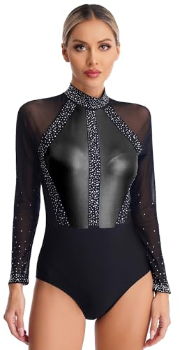 iEFiEL Turnanzug für Damen Langarm Gymnastikbody mit Strass Patchwork Metallic Tanzbody Ballett Trikotanzug Wettbewerb Leotards Schwarz L