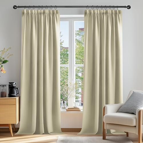 Deconovo Pencil Pleat Room Darkening Curtains Bedroom, Thermal Insulated Energy Saving Tape Top Extra Long Curtains, 90 x 108 Inch, Beige, 2 Panels