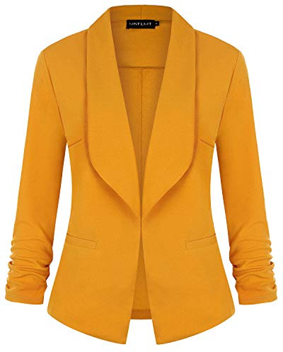 LADI TREND Damen-Blazer, vorne offen, lässig, 3/4-Ärmel, Arbeitsanzug, Bürojacke, Schalkragen mit Taschen, Y-Gelb, XXL