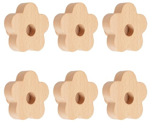 MOROBOR Holzknäufe in Blumenform, 6 Stück, natürlich, handgefertigt, mit einem Loch, Buchenholzgriffe für Schublade, Kleiderschrank, Kommode, mit Schrauben und Erweiterungsrohr