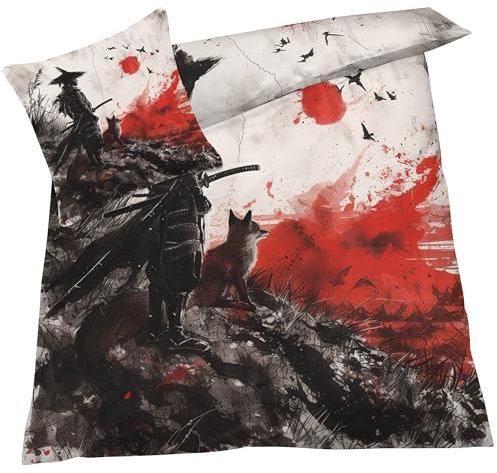 YELDAN Japanische Bettwäsche 135x200 2 teilig, Samurai Fuchs Bettwäsche Sets, Weich & Warm Mikrofaser Raumdekoration Bettbezug und 1 Kissenbezug 80x80 mit Umschlag, Für Kinder und Erwachsene.