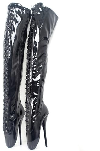 RJXGECUF High Heels 18cm Kniehohe Lackleder Stiefel Ballettstiefel,Black-38