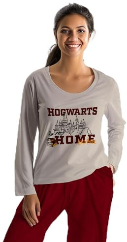 United Labels Harry Potter Schlafanzug für Damen lang, Beige Rot, Hogwarts is My Home, XXL, Pyjama Set aus Langarmshirt und Hose, Frauen Schlafanzug