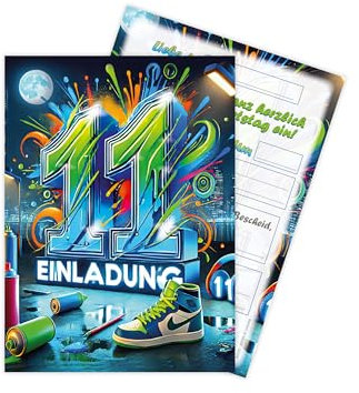 Limonia 12 Einladungskarten zum 11. Kindergeburtstag Graffiti Street Art Motto Feier Fest Einladung Set Geburtstag Mädchen Kinder Jungs Jungen Boys Teenies Unisex