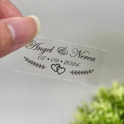 Personalisierte, transparente Aufkleber für Hochzeit, personalisierte Hochzeitsaufkleber, individuelle Aufkleber für Hochzeitsgeschenke (8 x 4 cm)