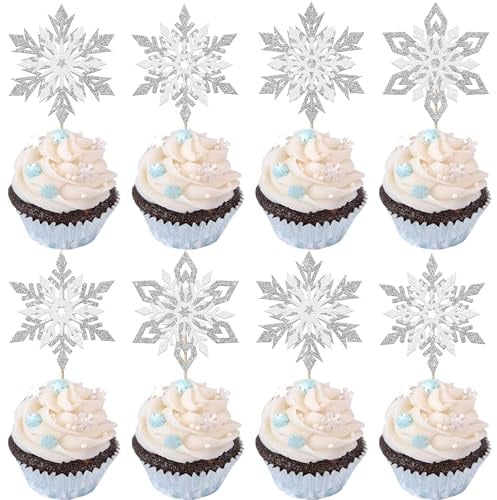 Xsstarmi 24 Pack Silver Glitter Snowflake Cupcake Toppers Double Layered White Snowflake Cupcake Picks Decoration for Winter Frozen Theme Baby Shower Wedding Birthday Christmas Party Cake Decorations
