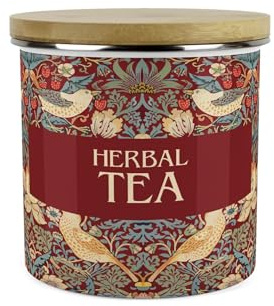 Purely Home Red Strawberry Thief Herbal Tea Storage Canister - Morris Inspired Floral Tapestry Artwork - Large Enamel Hot Drinks Kitchen Storage Container